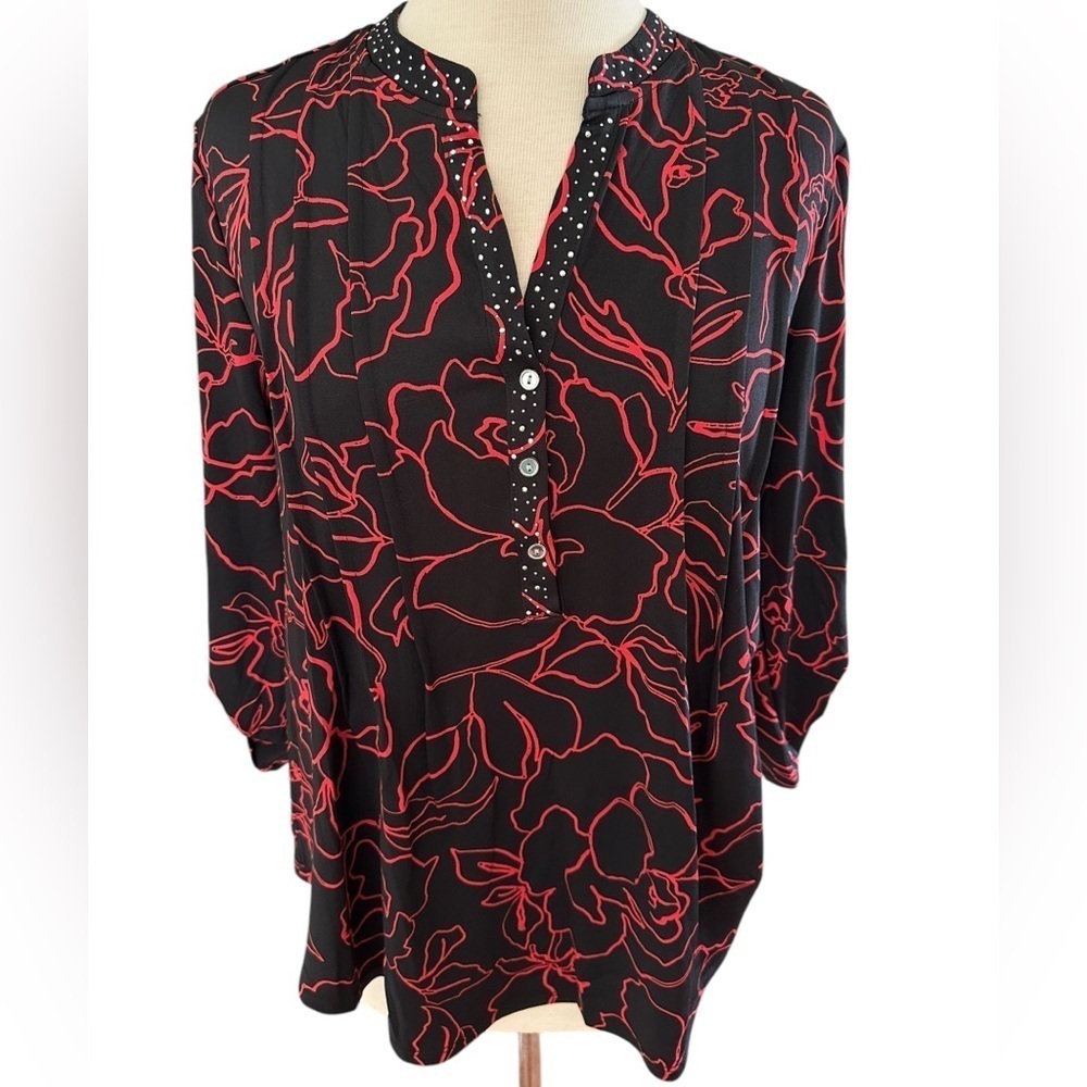 COCOMO XL Black Red Rhinestone 3/4 sleeve women's Pintuck Blouse